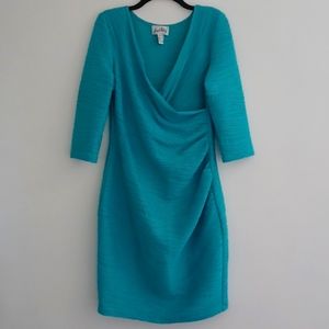 USED JOSEPH RIBKOFF V-NECK TEAL STRETCH 3/4 SLEEVE DRESS SIZE 12